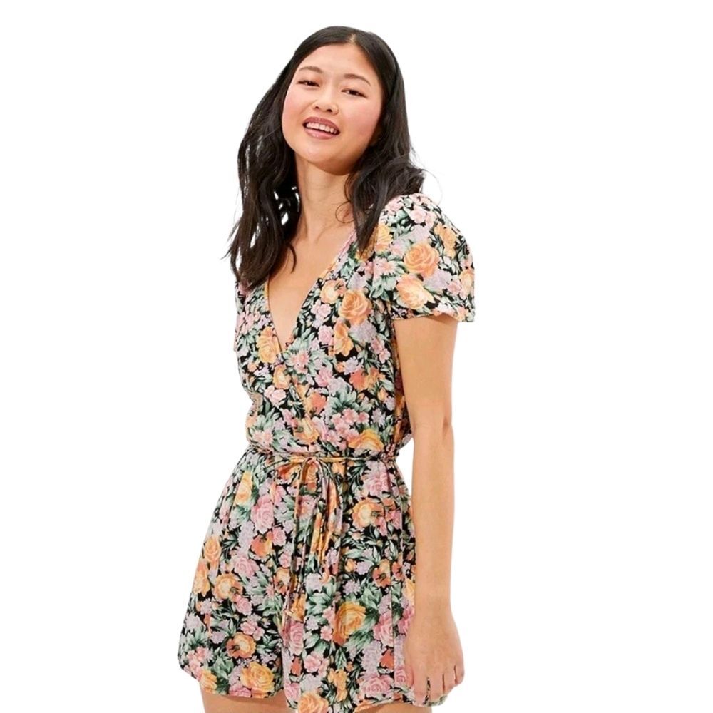 American Eagle Linen Blend Women's Floral Wrap-Front Romper Size Xs